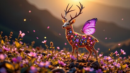 whimsical scene where deer stands amidst field of vibrant pink flowers bathed warm glow of setting sun. deer adorned colorful array of flowers giving it enchanting appearance. Notably deer...