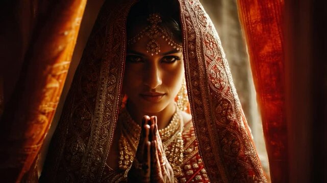 Indian Bride's Prayer: A young Indian bride in traditional attire, her hands clasped in prayer, exudes serenity and elegance, framed by the warm embrace of rich cultural heritage.