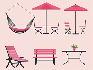 Fototapeta premium Minimalist Garden Furniture Set with Hammock and Umbrella Designs