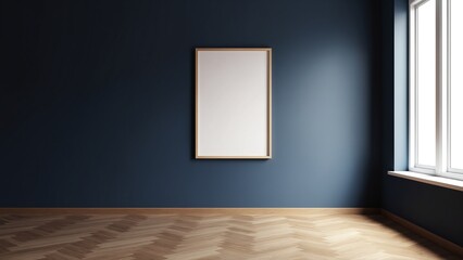 empty modern living room interior with dark navy blue wall, wooden parquet flooring, large window with daylight, blank white poster frame for mockup on wall, minimalist clean