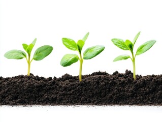 Three Seedlings Sprouting in Rich Soil Close Up Studio Shot Isolated on White Background Symbolizing Growth and New Beginnings