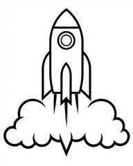 Rocket ship blasting off line art on white background simple illustration for kids book or educational material