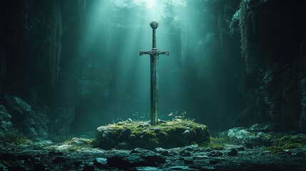 Naklejka premium A mystical sword embedded in a mossy stone, illuminated by ethereal light in a dark cave surrounded by rugged rocks and lush vegetation.