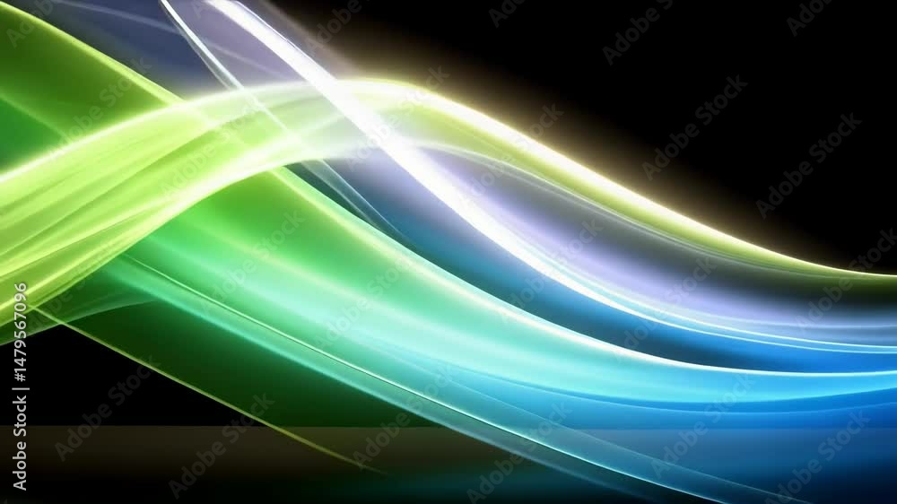 Poster abstract multicolored flowing waves of light in blue, green, and yellow tones against a black backgr