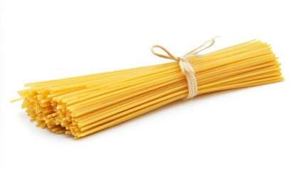 Bundle of Raw Spaghetti Tied with Twine String on White Background Still Life Food Photography