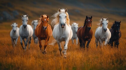 Obraz premium A herd of horses galloping through golden grass under a dramatic sky in a scenic landscape
