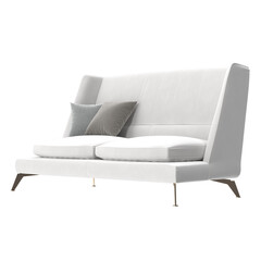 White high-back sofa with mixed pillows angled view isolated..
