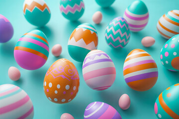 Colorful 3D Floating Easter Eggs with Decorative Patterns in Pastel and Bright Colors on Teal Background – Festive Holiday Design Concept