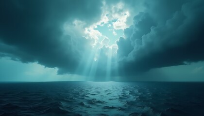 Ocean view with sun rays piercing through dark clouds creating a dramatic and serene atmosphere