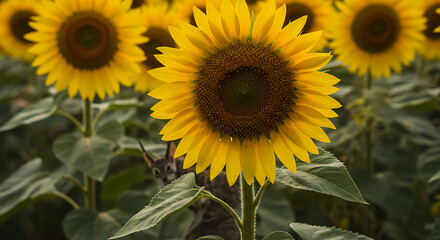 Vibrant sunflowers bask in golden sunlight a playful squirrel peeks from behind adds a touch of whimsy to this idyllic scene