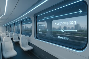 Modern electric train interior with futuristic display showing next stop information — sleek white seats and panoramic windows — concept of smart transportation