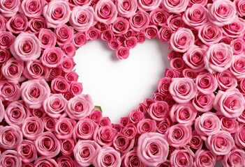 There is a heart made of pink roses on a white background
