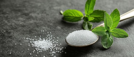 Granulated sugar on spoon with mint leaves on slate background top down food photography studio shot healthy lifestyle concept