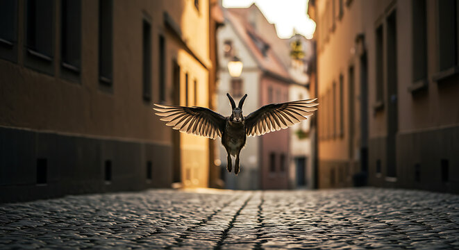 Magical rabbit soaring through cobblestone streets golden hour magic