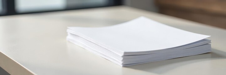 Neat stack of blank white paper, one corner bent up , white, pile, material