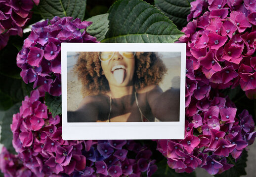 Polaroid Mockup Surrounded by Vibrant Flowers