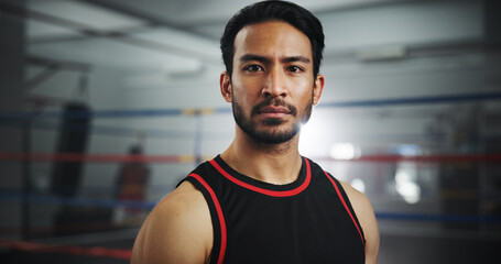 Serious, boxer and portrait of man in gym for mma fighter, workout and training practice. Wresting...