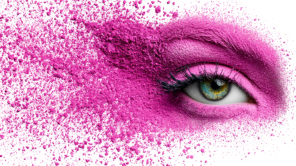 Abstract pink powder splash with a woman's eye makeup, a fashion and beauty concept on a transparent background. 