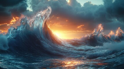 Fototapeta premium Giant wave, ocean sunset