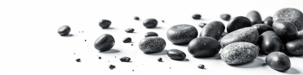 Scattered black and grey pebbles against white , white, texture, dark