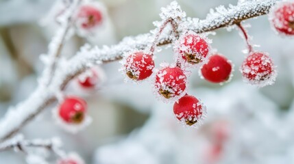 A close-up of buffalo berries on a frost-covered branch