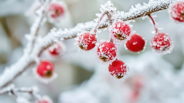 A close-up of buffalo berries on a frost-covered branch
