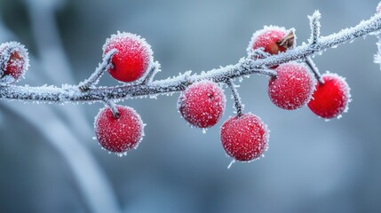 A close-up of buffalo berries on a frost-covered branch