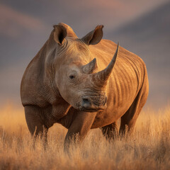 Obraz premium Closeup of Rhinoceros in Tall Dry Grass with Evening Light. Rhinoceros at Sunset