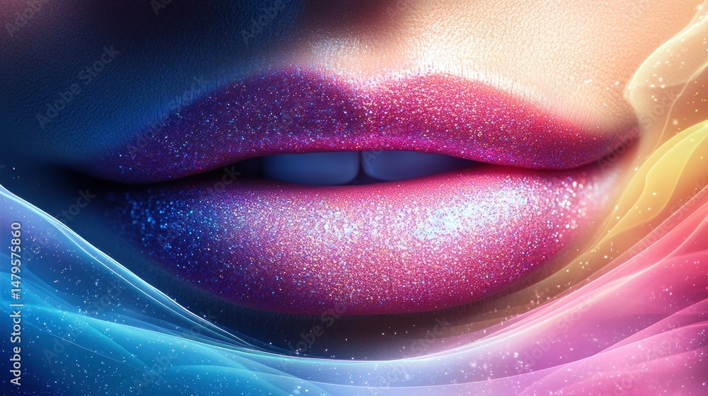 Poster glossy pink lips with colorful ethereal flow around it