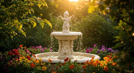 Ornate garden fountain surrounded by vibrant flowers. Sunlight highlights the water spray