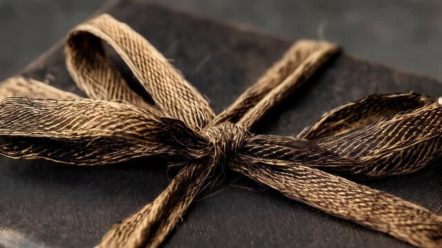 Close-up of a rectangular black gift box wrapped with rustic, textured brown ribbon tied into a decorative bow