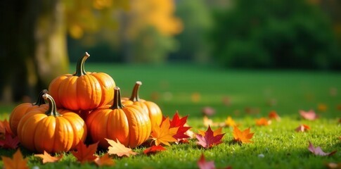 Pile of pumpkins and colorful fall leaves on a green grass backdrop , harvest, autumn photography, fall foliage