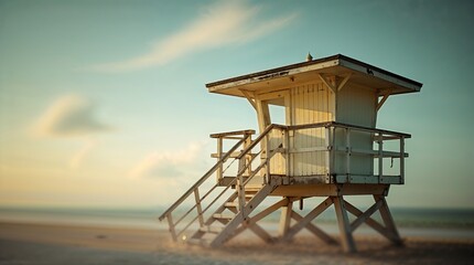 Lifeguard tower stands on sandy beach during calm sunset by the ocean shoreline