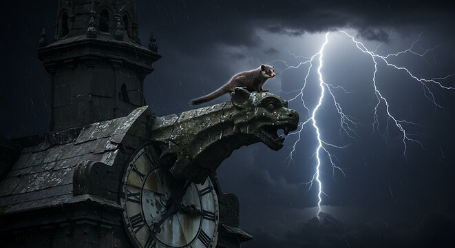 Majestic stone gargoyle watches lightning storm a fearless marten perches above