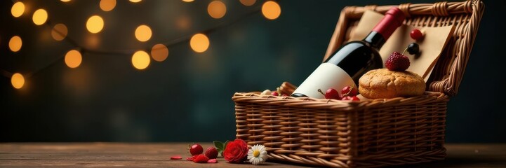 Elegant wicker hamper filled with wine & delectable treats, twinkling lights backdrop , holiday season, fine food
