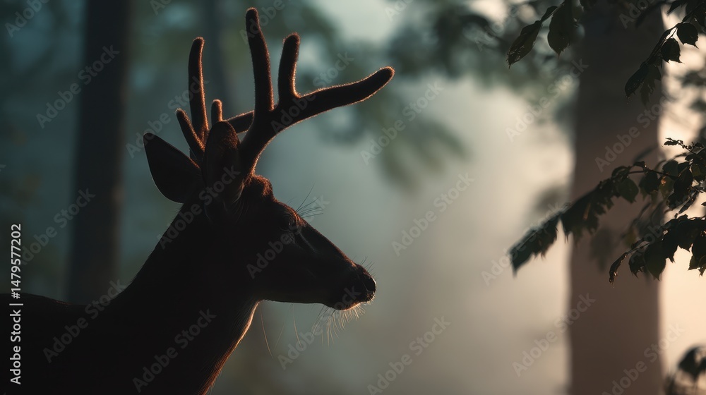 Poster majestic silhouette of a deer with antlers standing in a misty forest with soft light filtering thro