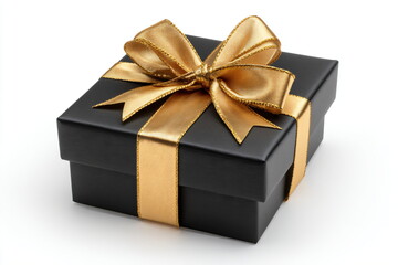 Obraz premium Black gift box with gold bow isolated on white background, clipping path included