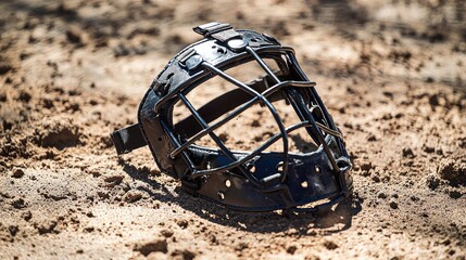 A baseball catcher’s mask placed on home plate