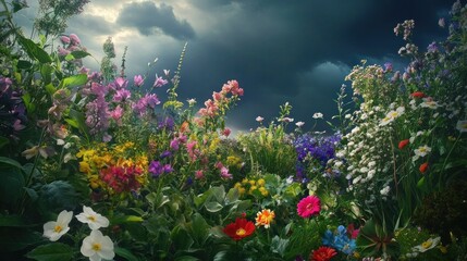 the beauty of flowers blooming in full color and cloudy weather