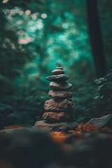 Obraz premium Stacked stones with plant on top in forest setting zen balance nature photography