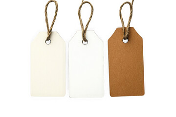 Three hanging paper tags with string, two white and one brown, for price or gift, close up view, isolated on transparent background