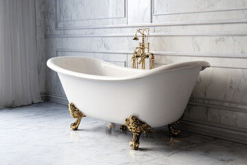 Classic bathroom interior with bathtub and golden faucet