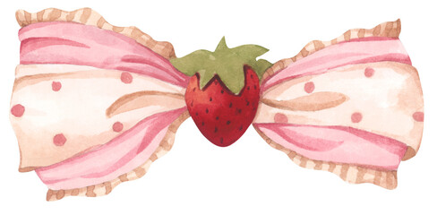 Coquette Strawberry Bow Watercolor in Autumn Garden with Soft Pastel and Feminine Vintage Style