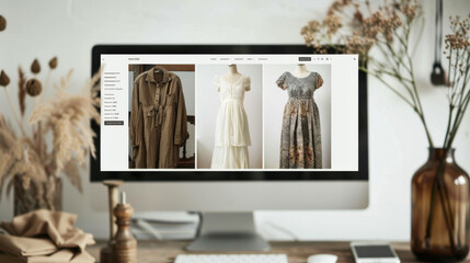 Vintage-style dresses displayed on computer screen in cozy workspace
