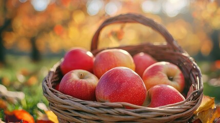 A basket of Cortland apples in an autumn orchard