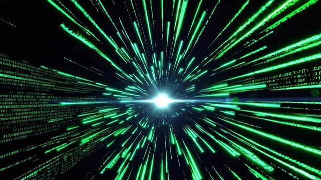 Abstract Data Flow with Green Rays and Binary Code, Rhythmic Movement Digital Network Animation on Dark Background