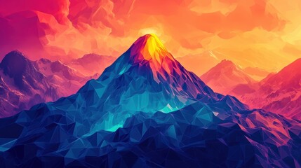 Fototapeta premium Abstract digital volcano with layered triangle eruption, showcasing vibrant colors and geometric shapes, evokes sense