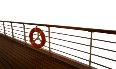 Isolated Lifebuoy on Ocean Liner Deck Railing. Luxury Cruise Ship Deck Railing with Lifesaver Ring. Transparent background PNG. 