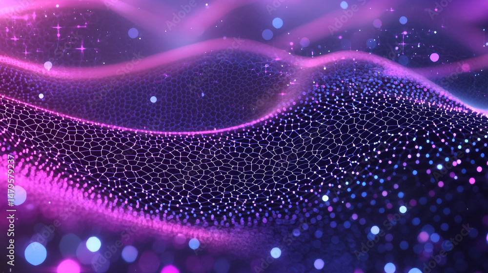 Poster abstract purple and pink network with bokeh and star effects creating a futuristic scene