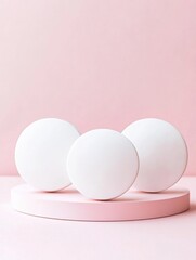 Fototapeta premium Minimalist studio shot of white spheres on pink podium against matching backdrop for product display and promotion